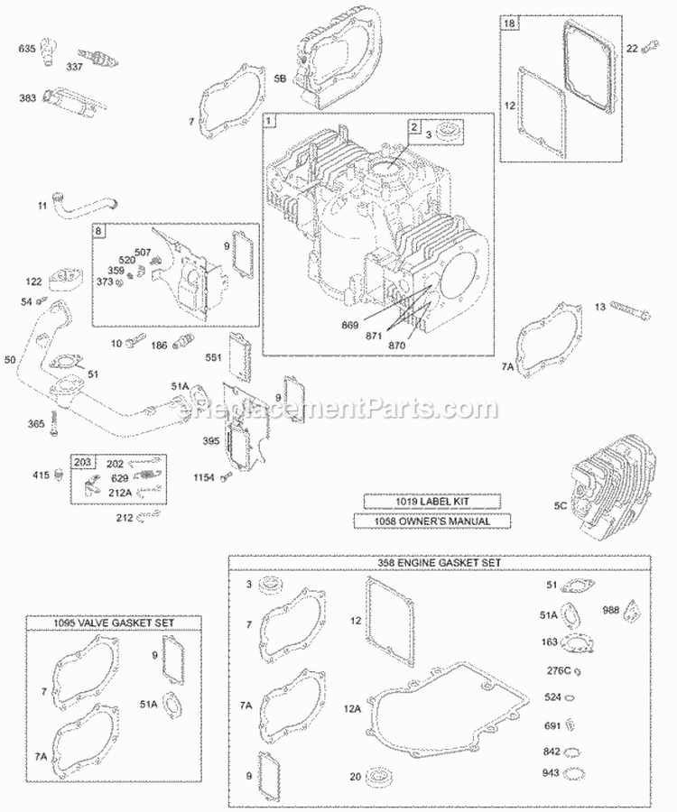 Crankcase CoverCylinder Head KitGasket Sets - Engine KitGasket Sets - Valve Diagram and Parts List for 461707-0149-E1  Briggs and Stratton Engine